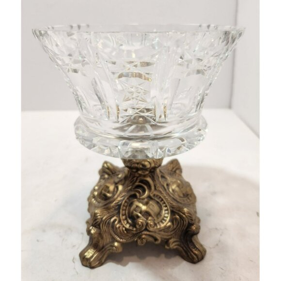 Vtg Cut Crystal Glass Compote w Brass Footed Base Elegant Hollywood Regency - Picture 6 of 16